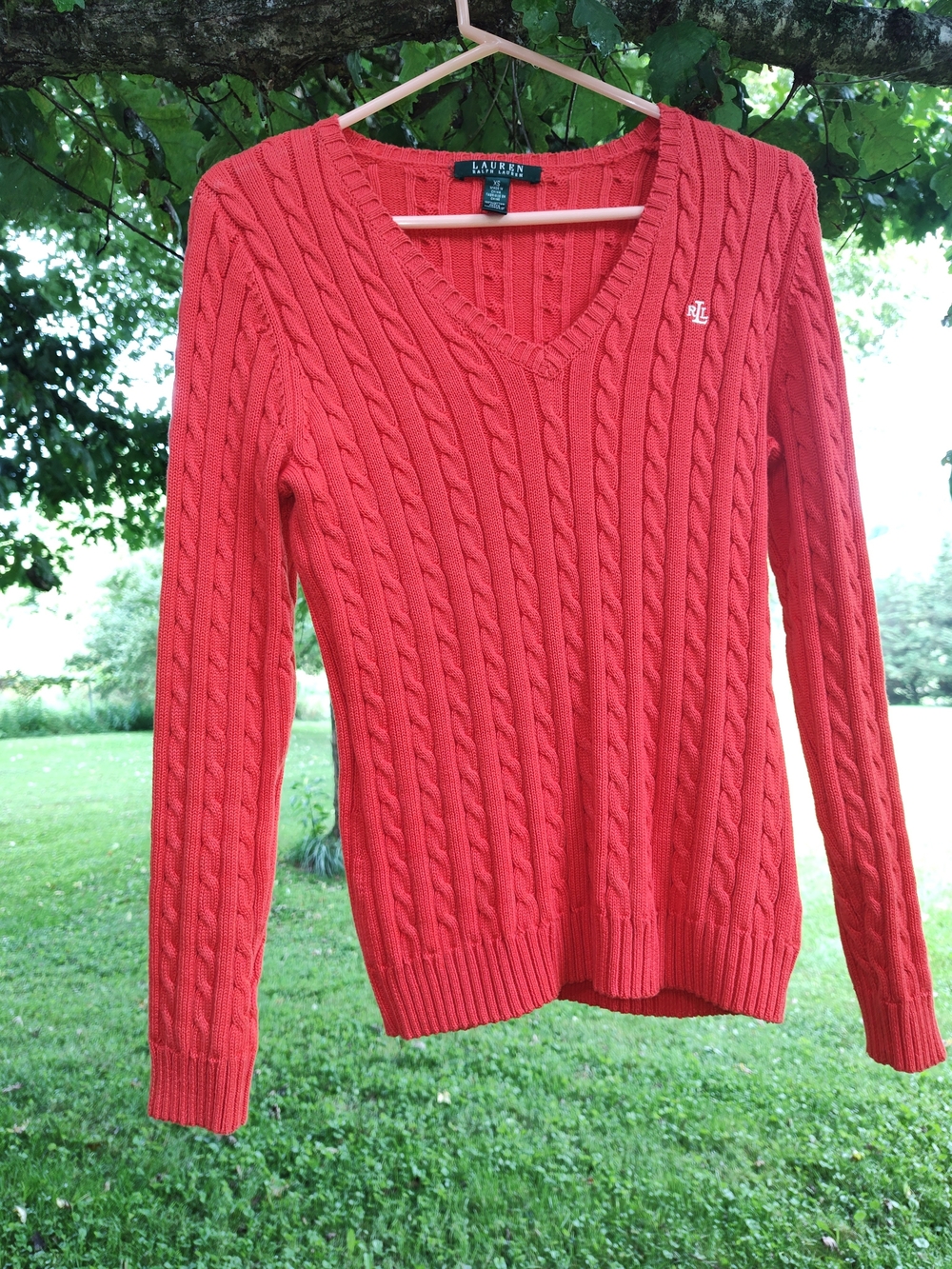 Ralph Lauren Women’s Cable Knit V-Neck Sweater - Coral Red/Orange